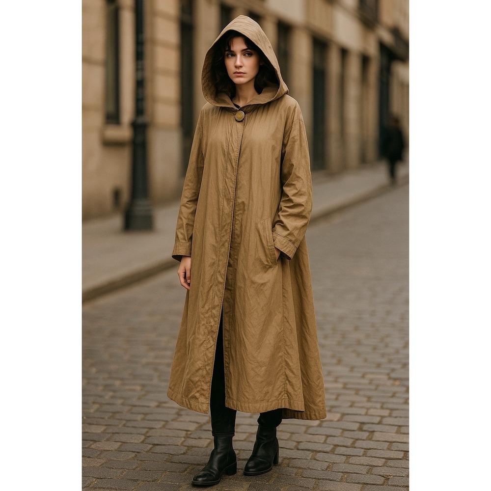 Vtg Mycra Pac Donatello Maxi Raincoat M/L Reversible‎ Olive Tan Hooded Travel
